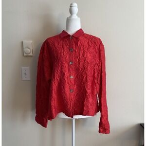 Vintage 100% SILK Crinkle Textured Blouse Gerties Womens Medium Oversized Red